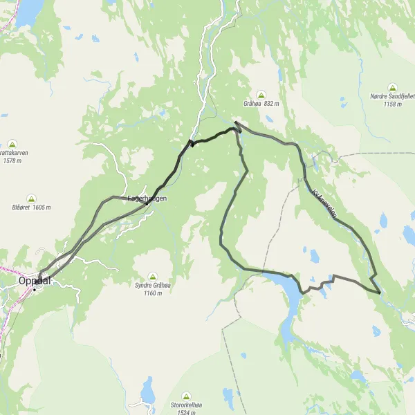 Kartminiatyr av "Oppdal til Litjfossen tur-retur" sykkelinspirasjon i Trøndelag, Norway. Generert av Tarmacs.app sykkelrutoplanlegger