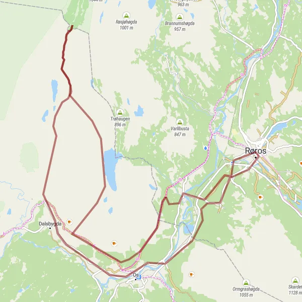 Kartminiatyr av "Spennende Grusvei Rundtur til Os fra Røros" sykkelinspirasjon i Trøndelag, Norway. Generert av Tarmacs.app sykkelrutoplanlegger