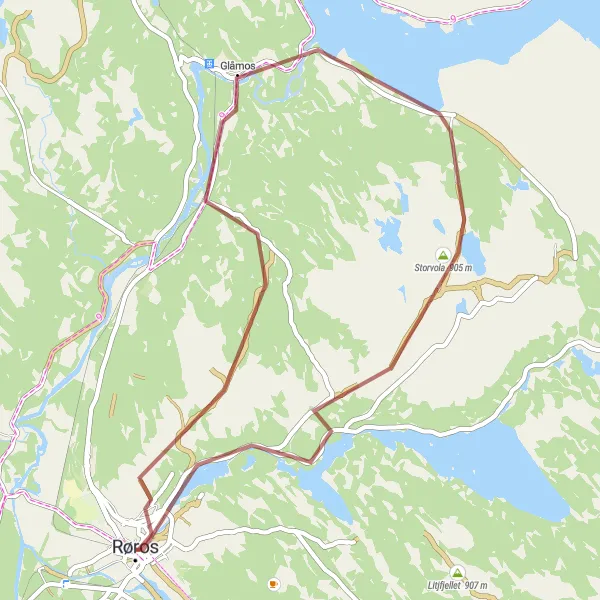 Map miniature of "Røros Gravel Loop" cycling inspiration in Trøndelag, Norway. Generated by Tarmacs.app cycling route planner