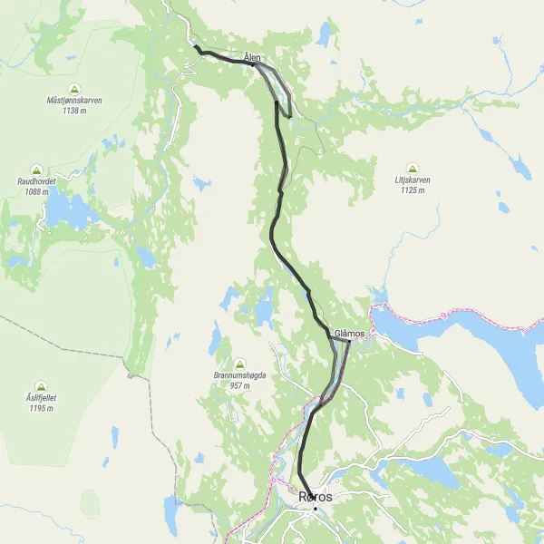 Kartminiatyr av "Road Cycling Journey til Ålen fra Røros" sykkelinspirasjon i Trøndelag, Norway. Generert av Tarmacs.app sykkelrutoplanlegger