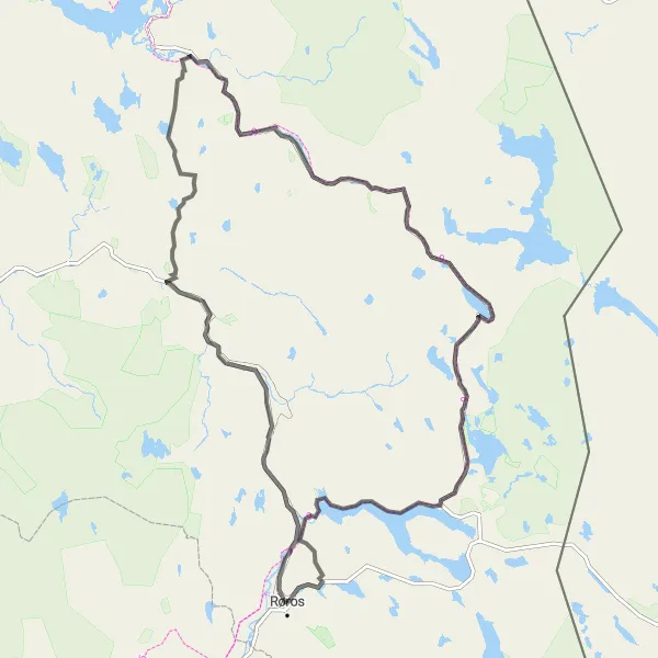 Kartminiatyr av "Rundtur Røros - Glåmos - Stuggusjøen" sykkelinspirasjon i Trøndelag, Norway. Generert av Tarmacs.app sykkelrutoplanlegger