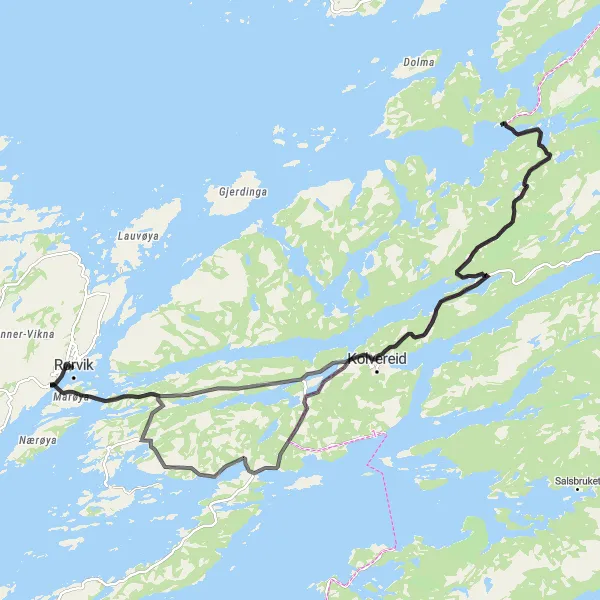 Map miniature of "Rørvik to Naustbukta Circuit" cycling inspiration in Trøndelag, Norway. Generated by Tarmacs.app cycling route planner