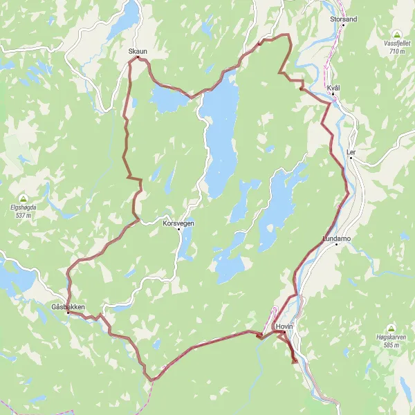 Map miniature of "Hovin Gravel Adventure" cycling inspiration in Trøndelag, Norway. Generated by Tarmacs.app cycling route planner