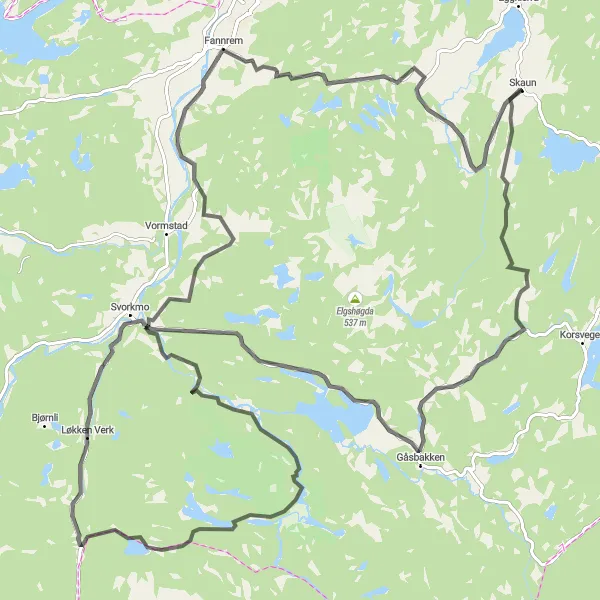 Map miniature of "Svorksjøen Loop" cycling inspiration in Trøndelag, Norway. Generated by Tarmacs.app cycling route planner