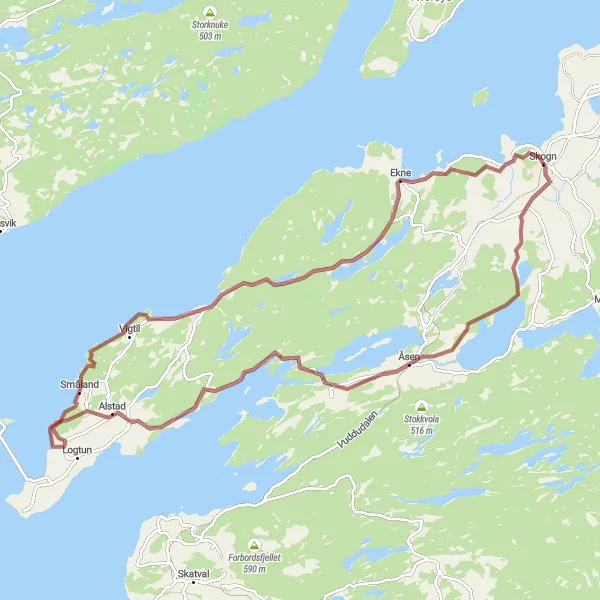 Map miniature of "Gravel Adventure around Skogn" cycling inspiration in Trøndelag, Norway. Generated by Tarmacs.app cycling route planner