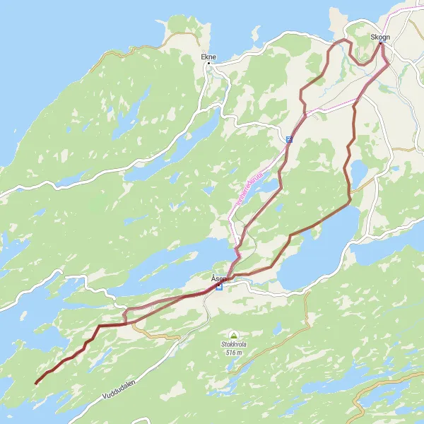 Kartminiatyr av "Eventyrlig Grusvei: Skogn - Husby - Ronglan" sykkelinspirasjon i Trøndelag, Norway. Generert av Tarmacs.app sykkelrutoplanlegger