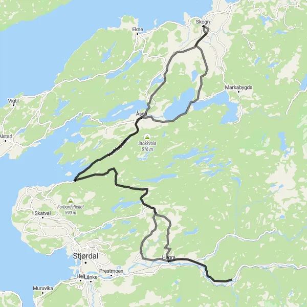 Map miniature of "Skogn to Fætta and Okkelberg" cycling inspiration in Trøndelag, Norway. Generated by Tarmacs.app cycling route planner