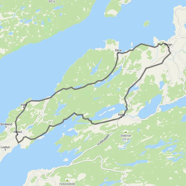 Kartminiatyr av "Skogn - Åsen - Frosta - Ekne - Skogn" sykkelinspirasjon i Trøndelag, Norway. Generert av Tarmacs.app sykkelrutoplanlegger