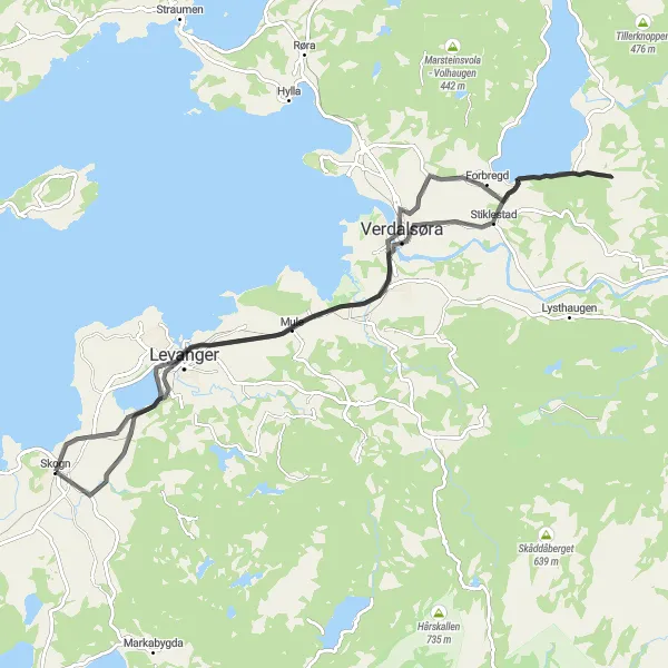 Map miniature of "Skogn to Verdalsøra and Stiklestad" cycling inspiration in Trøndelag, Norway. Generated by Tarmacs.app cycling route planner