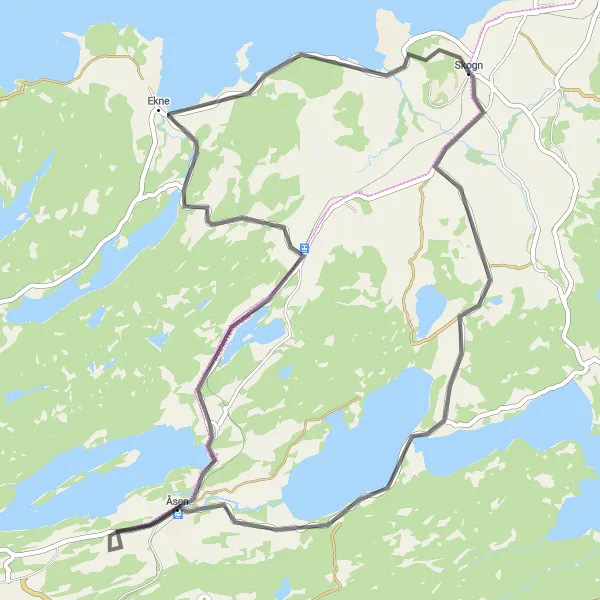 Map miniature of "Skogn to Åsen and Ekne" cycling inspiration in Trøndelag, Norway. Generated by Tarmacs.app cycling route planner