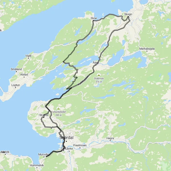 Map miniature of "Skogn to Prekestolen" cycling inspiration in Trøndelag, Norway. Generated by Tarmacs.app cycling route planner