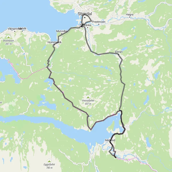 Map miniature of "Scenic Landscapes and Epic Climbs" cycling inspiration in Trøndelag, Norway. Generated by Tarmacs.app cycling route planner