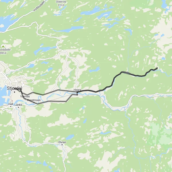 Map miniature of "Hegra Adventure" cycling inspiration in Trøndelag, Norway. Generated by Tarmacs.app cycling route planner