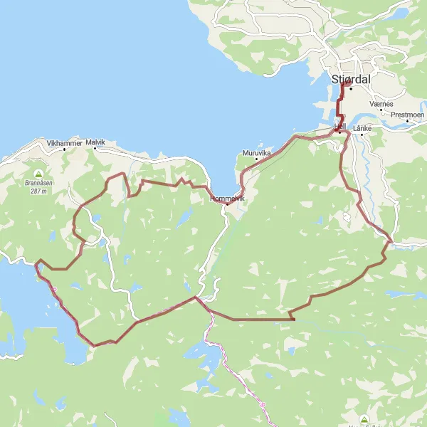 Map miniature of "Tranquil Gravel Escape to Hommelvik" cycling inspiration in Trøndelag, Norway. Generated by Tarmacs.app cycling route planner