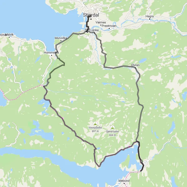 Map miniature of "Trøndelag Road Adventure" cycling inspiration in Trøndelag, Norway. Generated by Tarmacs.app cycling route planner