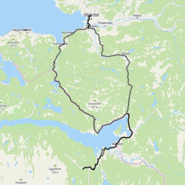 Map miniature of "The Famous Stjørdal Road Loop" cycling inspiration in Trøndelag, Norway. Generated by Tarmacs.app cycling route planner