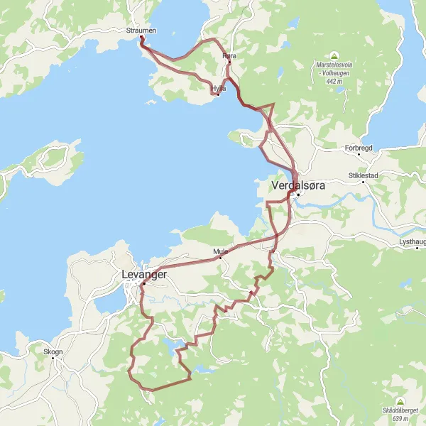 Kartminiatyr av "Grusvei fra Mule til Straumen" sykkelinspirasjon i Trøndelag, Norway. Generert av Tarmacs.app sykkelrutoplanlegger