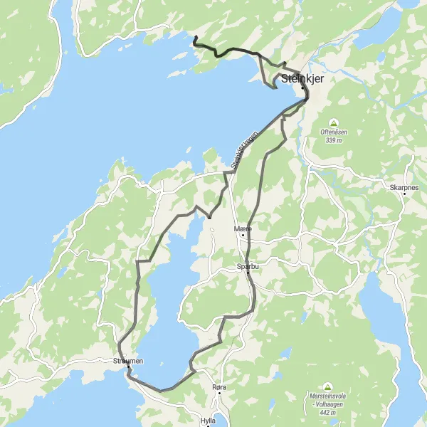 Map miniature of "Egge - Steinkjer - Mære - Straumen" cycling inspiration in Trøndelag, Norway. Generated by Tarmacs.app cycling route planner