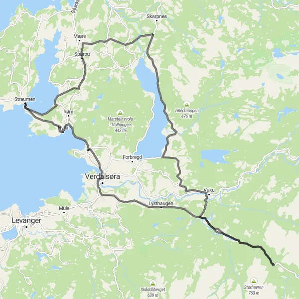 Map miniature of "The Vuku and Straumen Adventure" cycling inspiration in Trøndelag, Norway. Generated by Tarmacs.app cycling route planner