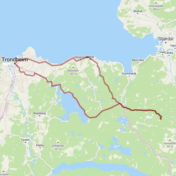 Map miniature of "Gravel Adventure to Gamble Bybro" cycling inspiration in Trøndelag, Norway. Generated by Tarmacs.app cycling route planner