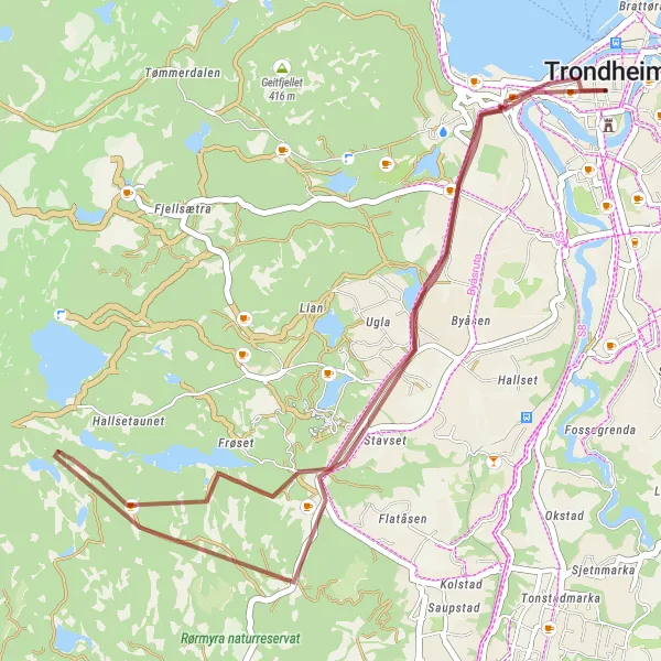 Map miniature of "Trondheim to St. Blyberget Gravel Adventure" cycling inspiration in Trøndelag, Norway. Generated by Tarmacs.app cycling route planner