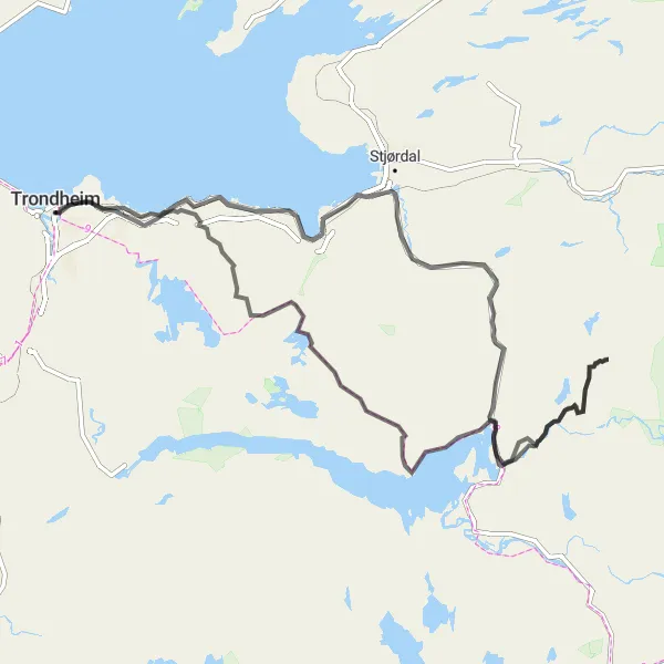 Kartminiatyr av "Langs Elvene i Trøndelag" sykkelinspirasjon i Trøndelag, Norway. Generert av Tarmacs.app sykkelrutoplanlegger