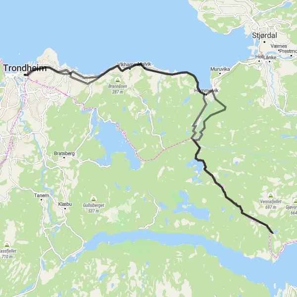 Map miniature of "Trondheim to Ranheim Loop" cycling inspiration in Trøndelag, Norway. Generated by Tarmacs.app cycling route planner