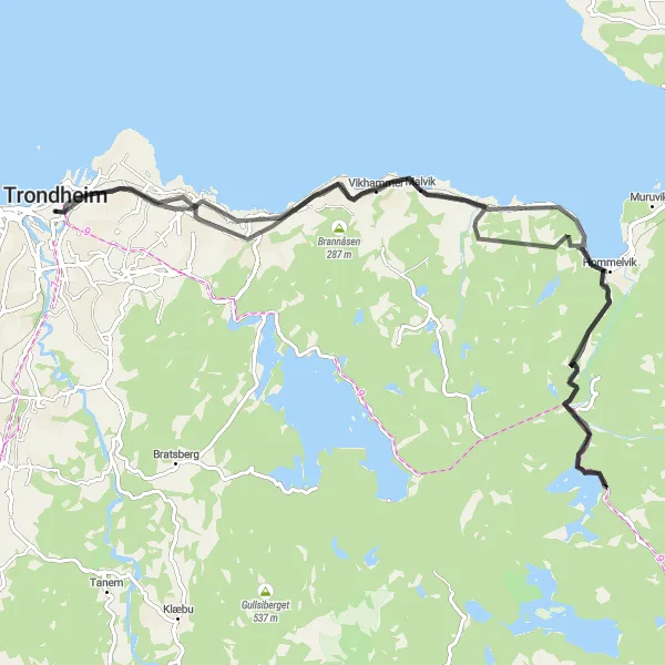 Map miniature of "Hommelvik Loop" cycling inspiration in Trøndelag, Norway. Generated by Tarmacs.app cycling route planner