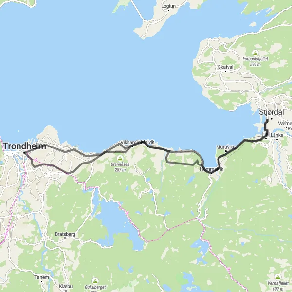Kartminiatyr av "Kysten og Kulturen" sykkelinspirasjon i Trøndelag, Norway. Generert av Tarmacs.app sykkelrutoplanlegger