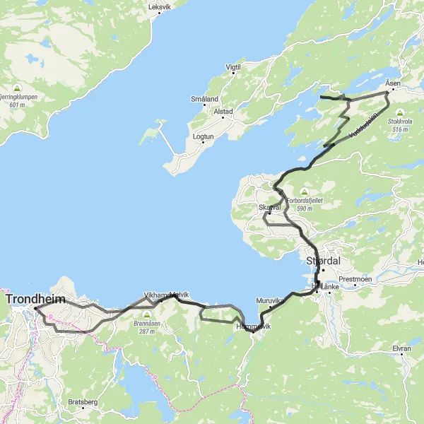 Kartminiatyr av "Trondheim til Stjørdal via Skatval og Prekestolen" sykkelinspirasjon i Trøndelag, Norway. Generert av Tarmacs.app sykkelrutoplanlegger