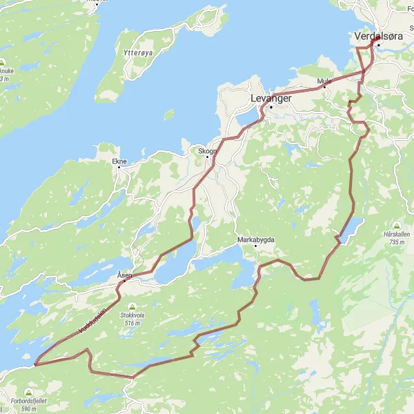 Kartminiatyr av "Grustur gjennom sjarmerende landskap i Trøndelag" sykkelinspirasjon i Trøndelag, Norway. Generert av Tarmacs.app sykkelrutoplanlegger