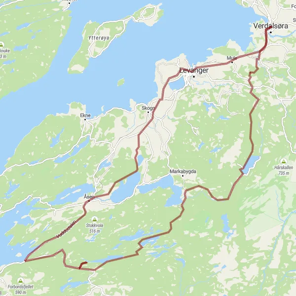 Kartminiatyr av "Hovatnet - Åsen - Levanger - Rinnan" sykkelinspirasjon i Trøndelag, Norway. Generert av Tarmacs.app sykkelrutoplanlegger