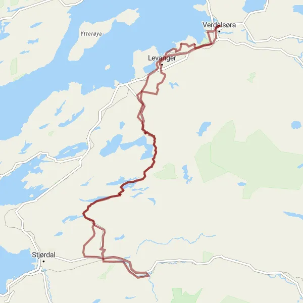 Kartminiatyr av "Oppdag Trøndelags skjulte perler på grusveier" sykkelinspirasjon i Trøndelag, Norway. Generert av Tarmacs.app sykkelrutoplanlegger
