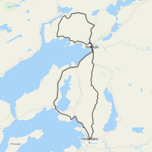 Map miniature of "Kverkilberget and Steinkjer Delight" cycling inspiration in Trøndelag, Norway. Generated by Tarmacs.app cycling route planner