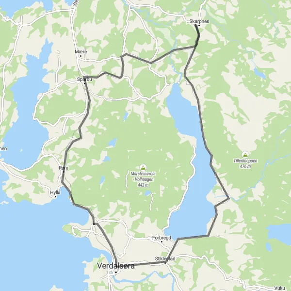 Map miniature of "Røra and Sparbu" cycling inspiration in Trøndelag, Norway. Generated by Tarmacs.app cycling route planner