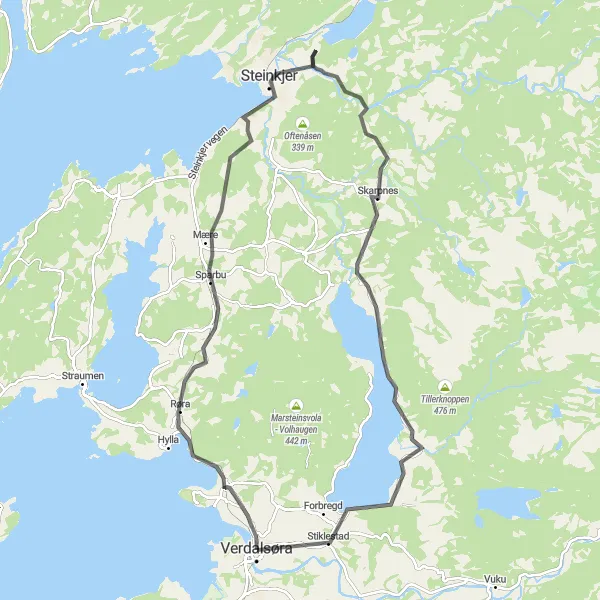 Map miniature of "Scenic Road Cycling near Verdal" cycling inspiration in Trøndelag, Norway. Generated by Tarmacs.app cycling route planner