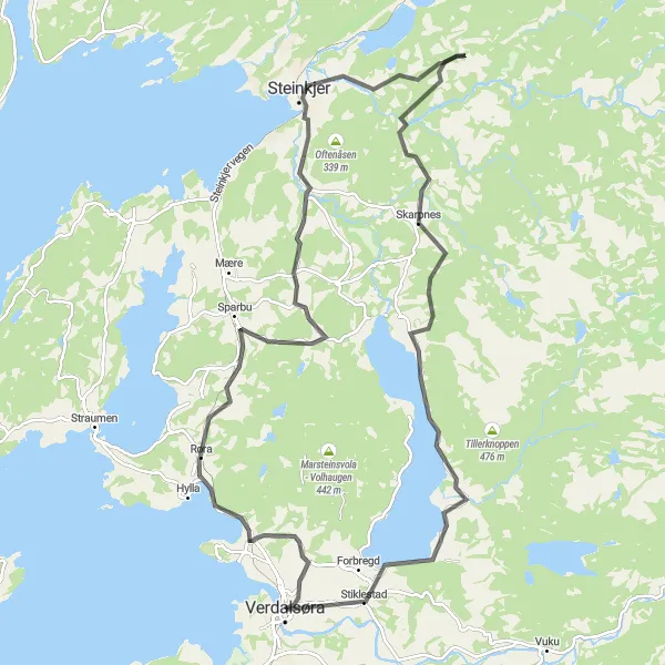 Map miniature of "Historical Røra and Stiklestad" cycling inspiration in Trøndelag, Norway. Generated by Tarmacs.app cycling route planner