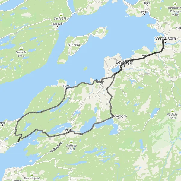 Map miniature of "Levanger to Verdal Loop" cycling inspiration in Trøndelag, Norway. Generated by Tarmacs.app cycling route planner