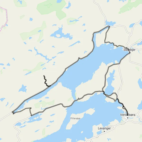 Kartminiatyr av "Kystperler og elvedaler i Trøndelag" sykkelinspirasjon i Trøndelag, Norway. Generert av Tarmacs.app sykkelrutoplanlegger