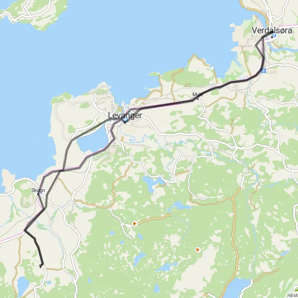 Kartminiatyr av "Levanger - Skogn - Mule - Ørmelen" sykkelinspirasjon i Trøndelag, Norway. Generert av Tarmacs.app sykkelrutoplanlegger