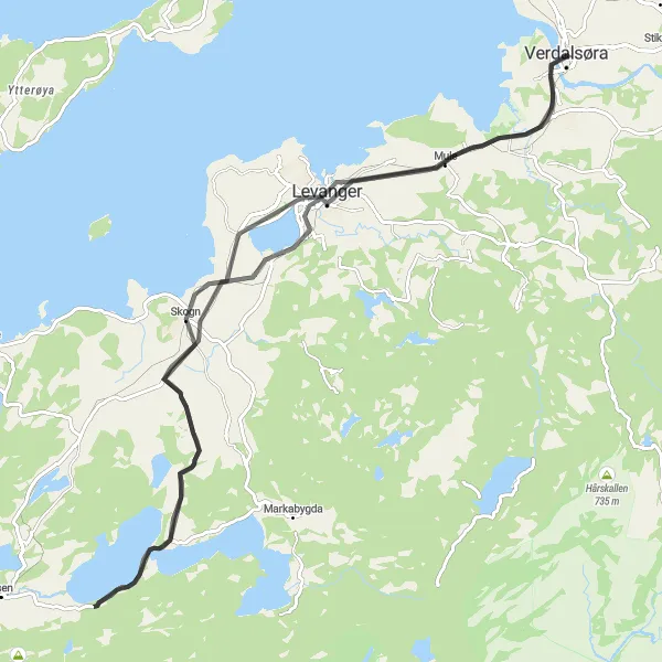 Kartminiatyr av "Levanger Loop" sykkelinspirasjon i Trøndelag, Norway. Generert av Tarmacs.app sykkelrutoplanlegger