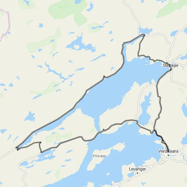 Kartminiatyr av "Kverkilberget - Mosvik - Verrabotn - Verrastranda - Follafoss - Beitstadsundet - Utvik - Steinkjer - Sparbu" sykkelinspirasjon i Trøndelag, Norway. Generert av Tarmacs.app sykkelrutoplanlegger