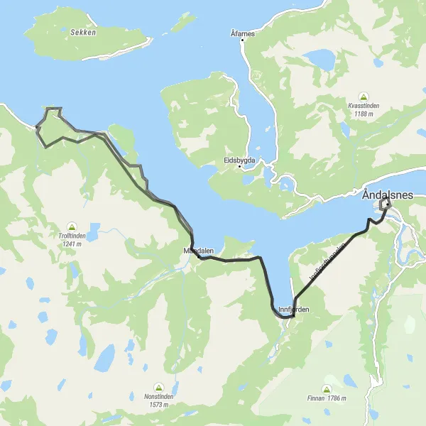 Kartminiatyr av "Eventyrlig Road Bike Rundtur fra Åndalsnes til Nebba og Grindbygget" sykkelinspirasjon i Vestlandet, Norway. Generert av Tarmacs.app sykkelrutoplanlegger