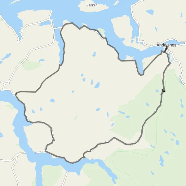 Kartminiatyr av "Episk Road Bike Rundtur fra Åndalsnes til Vikebukt" sykkelinspirasjon i Vestlandet, Norway. Generert av Tarmacs.app sykkelrutoplanlegger