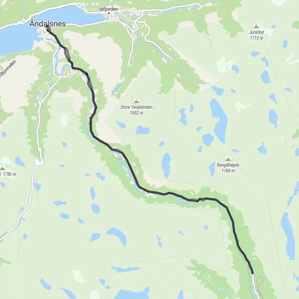 Kartminiatyr av "Naturskjønn Road Bike Rundtur fra Åndalsnes til Nesaksla" sykkelinspirasjon i Vestlandet, Norway. Generert av Tarmacs.app sykkelrutoplanlegger