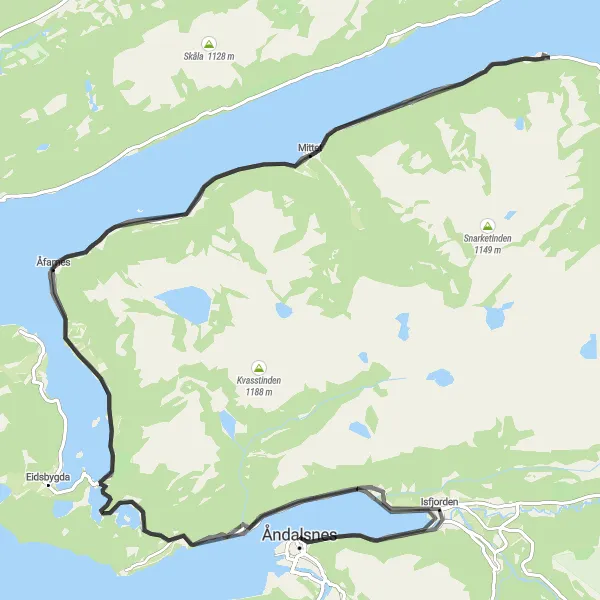 Map miniature of "Åndalsnes to Åfarnes via Åfarnesnakken" cycling inspiration in Vestlandet, Norway. Generated by Tarmacs.app cycling route planner