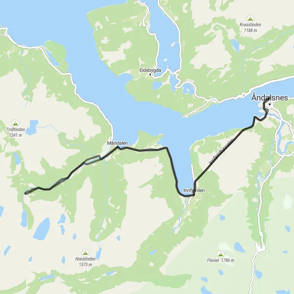 Map miniature of "Åndalsnes to Innfjorden via Måndalen" cycling inspiration in Vestlandet, Norway. Generated by Tarmacs.app cycling route planner