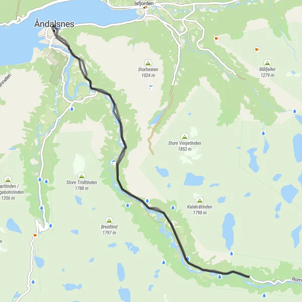 Map miniature of "Scenic Rauma Loop" cycling inspiration in Vestlandet, Norway. Generated by Tarmacs.app cycling route planner