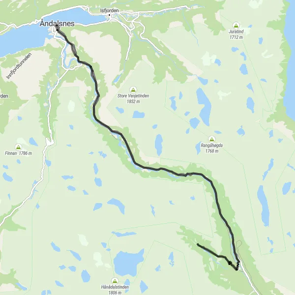 Kartminiatyr av "Mongefossen Rundt" sykkelinspirasjon i Vestlandet, Norway. Generert av Tarmacs.app sykkelrutoplanlegger