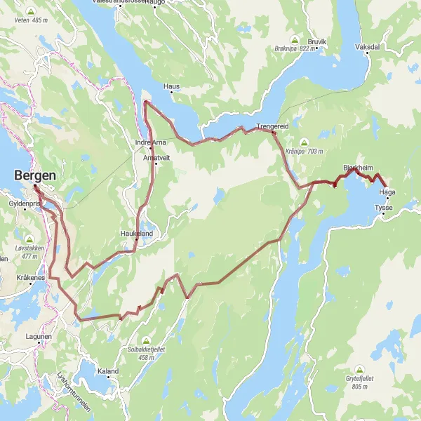 Kartminiatyr av "Grusvei eventyr i Vestlandet" sykkelinspirasjon i Vestlandet, Norway. Generert av Tarmacs.app sykkelrutoplanlegger